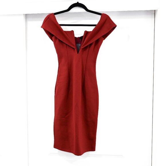NBD Size XS Bishop Midi In Earthy Rust Off the Shoulder V Neck Mini Dress NWT - Picture 2 of 6